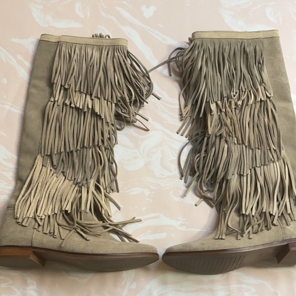 New Zara Moccasins Knee High Fringe Boots Leather - Picture 5 of 10